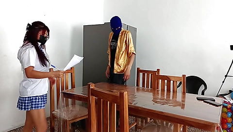 Brunette girl with big boobs moves her boobs up and down