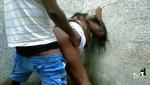 Hot outdoor sex of a brunette chick in a sexy outfit