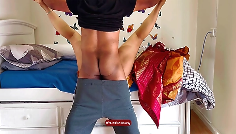 Busty stepmom in sexy red silk saree fucked by her stepbrother