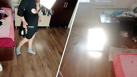 Latina with small tits gets naked and wears lingerie