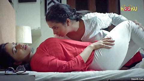 Hot lesbian sex with a big tits milf and a young stud