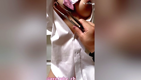 Teen with small tits and a nice ass wearing a toy baggy shirt